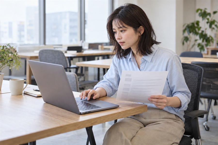 応募した職務経歴書を見直す20代後半の女性
