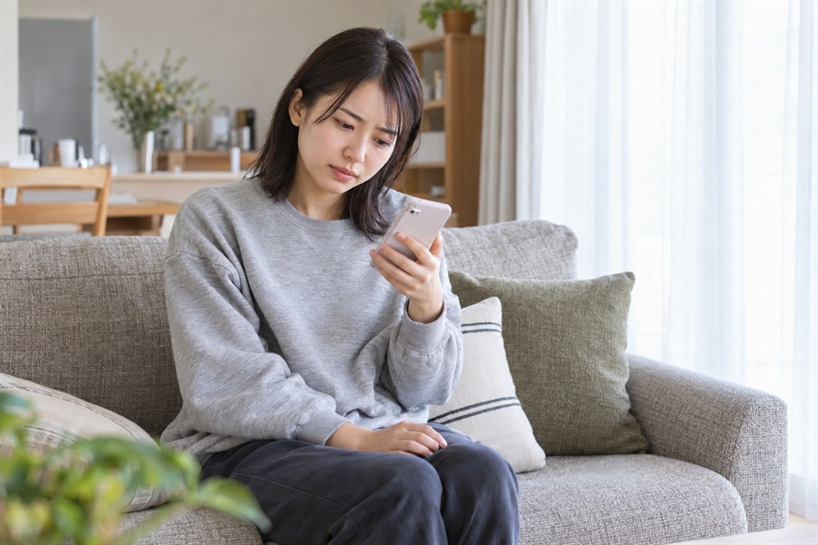 転職エージェントからのメールを読んで考え込む20代の女性