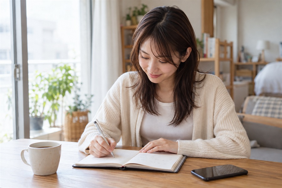 転職の計画を手帳に書き込む20代の女性