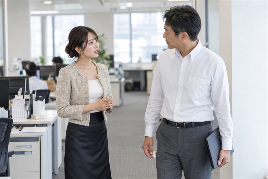 朝のオフィスの通路で上司を呼び止め、退職の報告を切り出す20代の女性