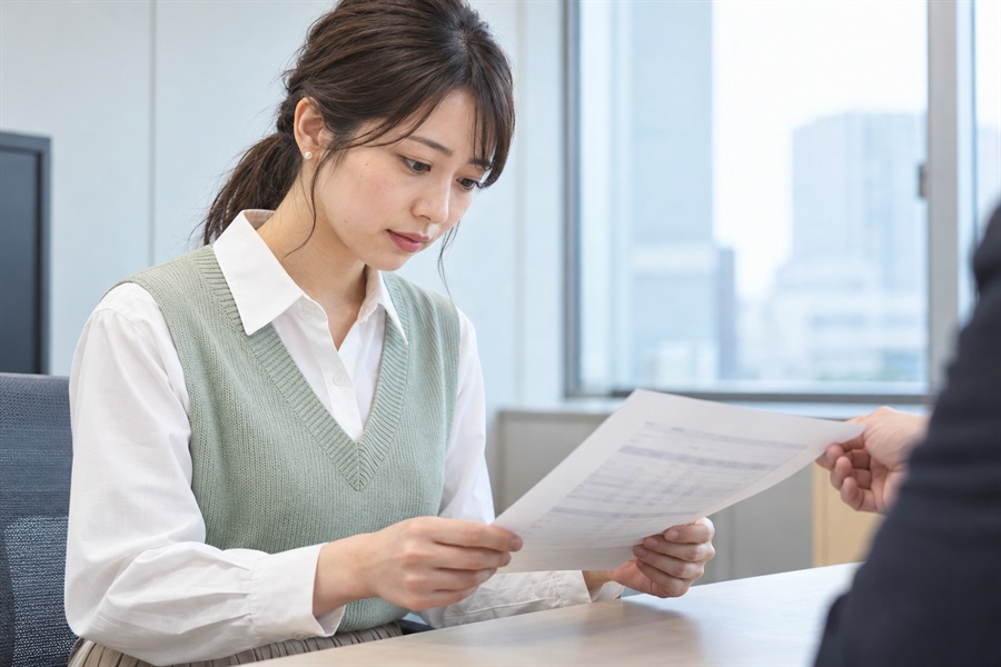 上司から出された昇給の条件の書面を確かめる20代の女性の横顔