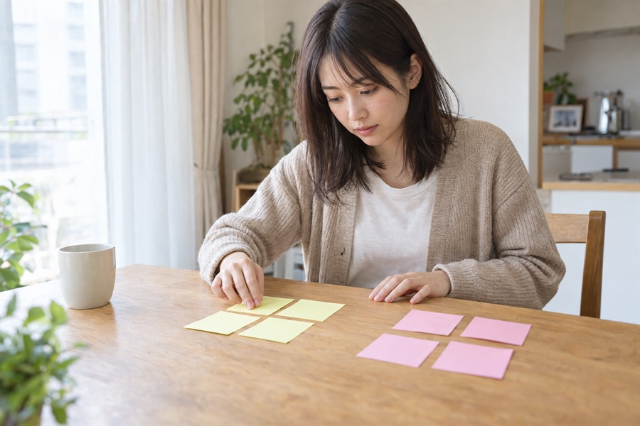 辞めたい原因を付せんで仕分ける20代の女性
